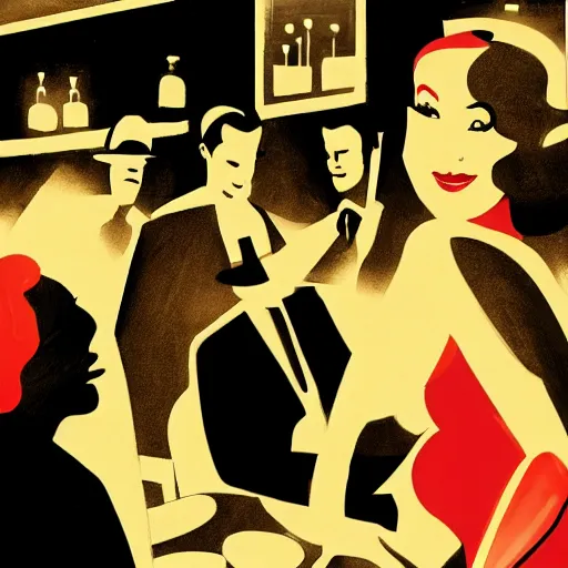 Prompt: film noir jazz bar scene, crowds of people, she arrived in a red dress, in techinicolor.