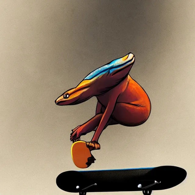 Prompt: Cute art of a skink riding a skateboard, well lit, digital art, ranking number 1, sharp, movie poster, gorgeous lighting, rim lit, backlit