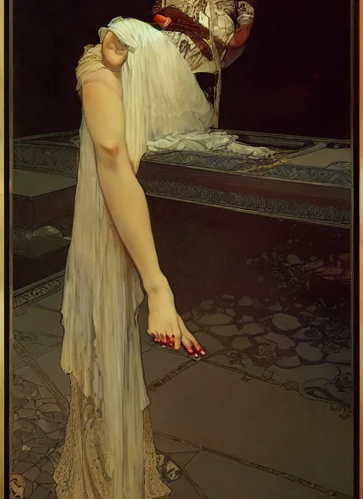 Image similar to a romantic photo of a woman in a dark room wearing lace smoking a cigarette advertisement photography by mucha, nick alm, ruan jia, norman rockwell, greg rutkowski, greg manchess, ethereal, dark, candlelight, pagan, extremely coherent, sharp focus, elegant, sharp features, render, octane, detailed, award winning photography, masterpiece, rim lit