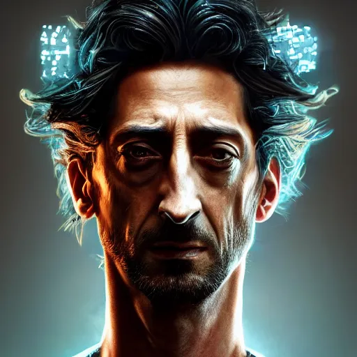 Image similar to adrien brody portrait, dystopia core, apocalyptic, armor, warrior, dramatic, sharp focus, fiction, neon, fantasy, hyper detailed, digital art, trending in artstation, cinematic lighting, studio quality, smooth render, unreal engine 5 rendered, octane rendered, art style and nixeu and wlop and krenz cushart