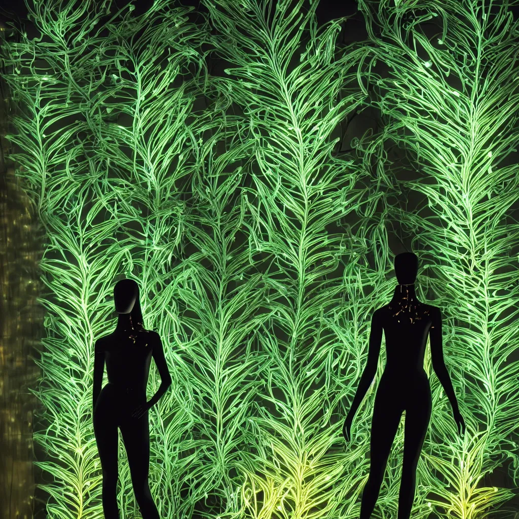 Prompt: beautiful mannequin sculpted out of black glass by billelis + lit with geometric neon dripping gold + forest in background!!!, facing a doorway opening with neon pink geometric fractal light + flowering hostas!!!, transcendent, clean linework, dramatic, finely detailed, 4 k, trending on artstation, photorealistic, volumetric lighting, octane render