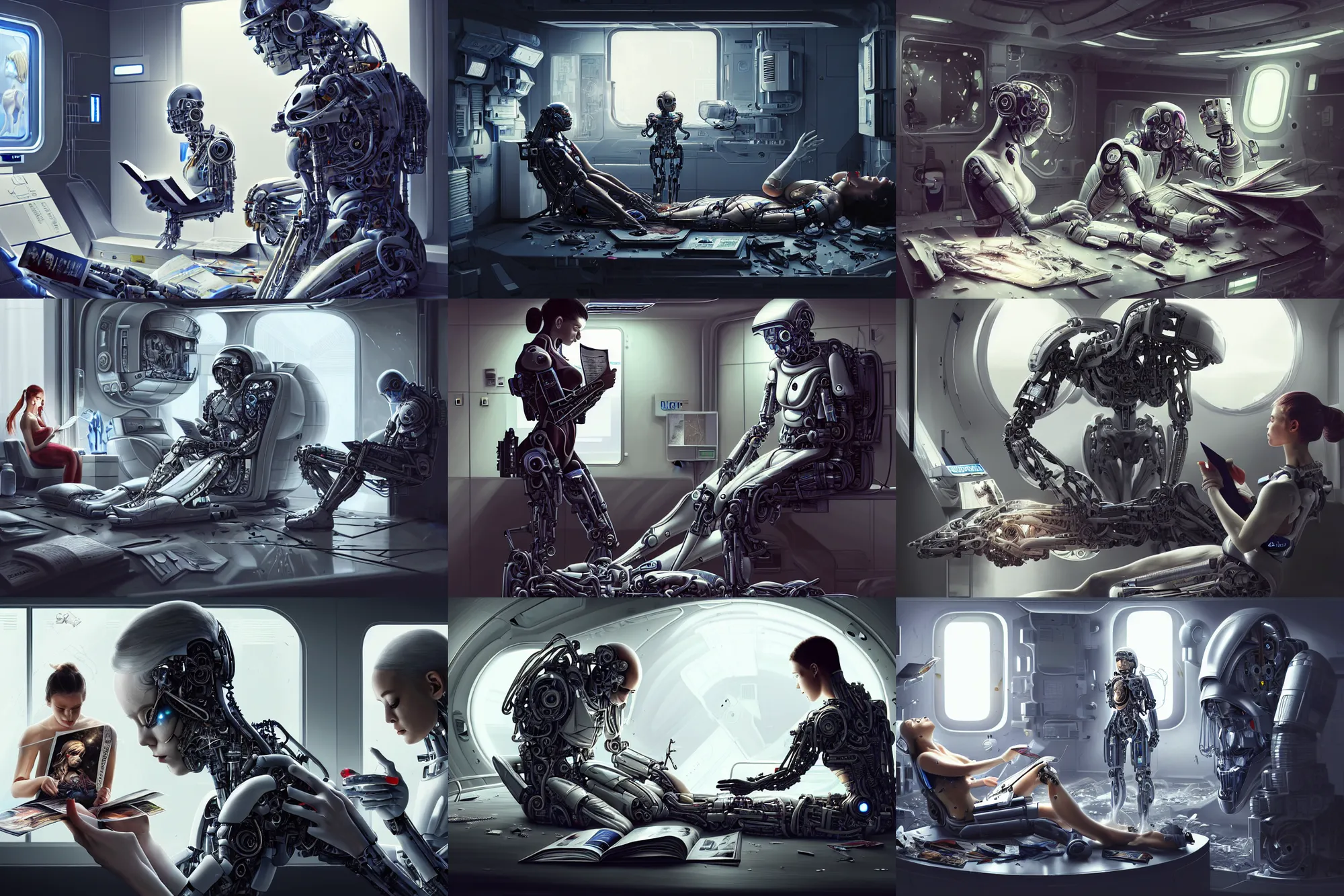 Prompt: Ultra realistic illustration, beautiful alluring damaged cyborg being put back together while reading a magazine, in an super advanced military medical bay, in a crashed spaceship, while a beautiful alluring astronaut soldier looks on, cyberpunk, sci-fi, fantasy, intricate, elegant, highly detailed, digital painting, artstation, concept art, smooth, sharp focus, illustration, art by artgerm and Yintion J - Jiang Geping and Greg Rutkowski and KyuYong Eom and alphonse mucha