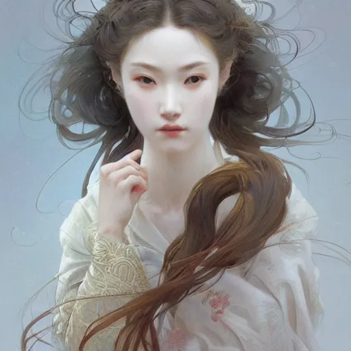 Image similar to a japanese woman diffuse lighting, fantasy, intricate, elegant, highly detailed, lifelike, photorealistic, digital painting, artstation, illustration, concept art, smooth, sharp focus, art by John Collier and Albert Aublet and Krenz Cushart and Artem Demura and Alphonse Mucha