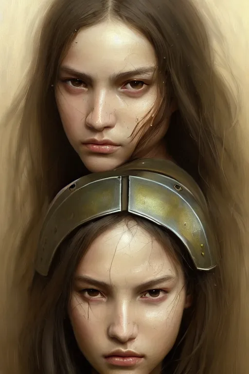 Image similar to a photorealistic painting of an attractive young girl, partially clothed in battle armor, olive skin, long dark hair, beautiful bone structure, symmetrical face, perfect eyes, intricate, elegant, digital painting, concept art, illustration, sharp focus, minimal artifacts, from Metal Gear, in the style of Ruan Jia and Mandy Jurgens, by Greg Rutkowski, trending on Artstation, award winning