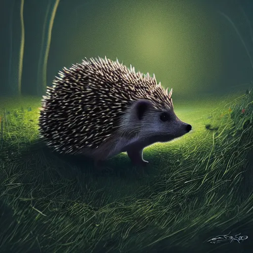 Prompt: hedgehog running into the bushes in sweden in the darkness, digital art, cinematic lighting, trending on artstation, very detailed