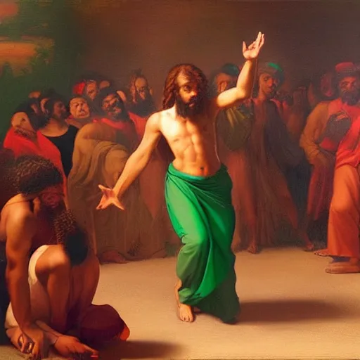 Image similar to jesus christ dancing to afrobeat music dj playing nigerian club party photorealistic ultra-realistic in the style of edward hooper and leonardo da vinci artstation hd oil painting Renaissance painting