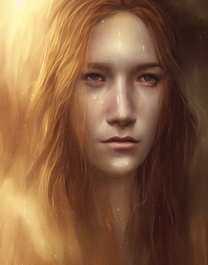 Image similar to Beautiful aesthetically pleasing female oracle of Delphi portrait, face centered portrait, Confident, fog, rain, volumetric lighting, beautiful, golden hour, sharp focus, ultra detailed, conceptartworld by Leesha Hannigan, Ross Tran, Thierry Doizon, Kai Carpenter, Ignacio Fernández Ríos