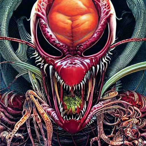 Image similar to portrait of crazy venom, symmetrical, by yoichi hatakenaka, masamune shirow, josan gonzales and dan mumford, ayami kojima, takato yamamoto, barclay shaw, karol bak, yukito kishiro