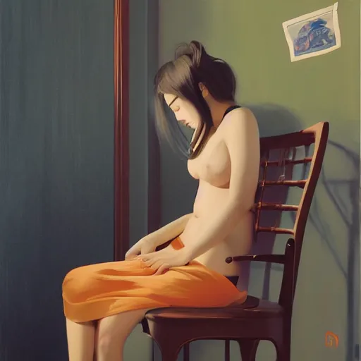 Prompt: oil painting by ilya kuvshinov,, baugh casey, rhads, coby whitmore, of a youthful japanese beauty, long hair, sitting on antique chair leaning against a desk, victorian room