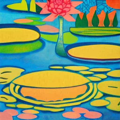 Image similar to intuitive tonalism by alice rahon, by romero britto. a peaceful installation art that shows a pond with water lilies floating on the surface. the colors are soft & calming, & the overall effect is one of serenity & relaxation.