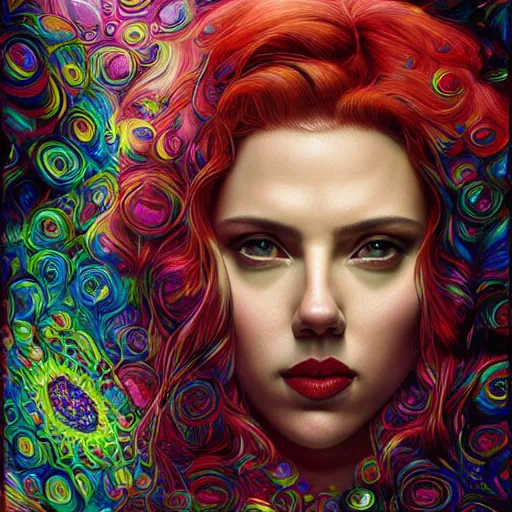 Image similar to portrait of scarlett johansson, hyper detailed masterpiece, neon floral pattern, jean giraud, digital art painting, darkwave goth aesthetic, psychedelic, artgerm, donato giancola and tom bagshaw