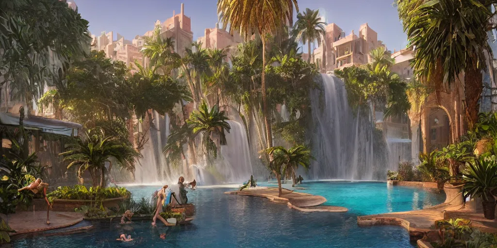 Image similar to beautiful pool waterfalls surrounded by palm trees, moroccan tile archways, industrial buildings, rusty metal towers, sun setting, ross tran, fantasy, james jean, peter morbacher, angelarium, alchemy, luxury, heavenly light, soft illumination, trending on artstation, cinematic lighting, digital painting, octane render, artgerm