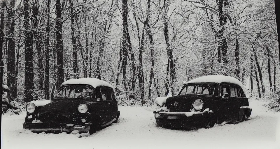 Image similar to vintage polaroid photograph of a car in a snowy forest