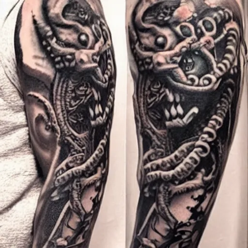 Prompt: a lovecraftian, old gods themed tattoo sleeve, covering a persons entire arm, intricate detail
