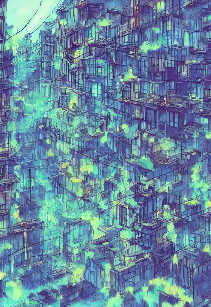 Image similar to DMT city, back alley full of balconies and fire escapes and air conditioners and power lines, anime style cell shader concept art