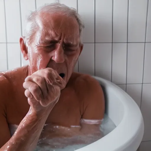 Image similar to a photo of an old man having nightmares while bathing