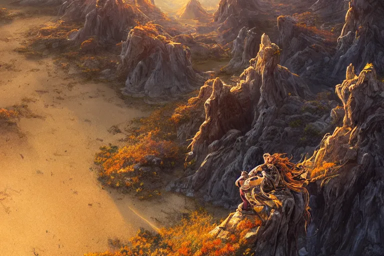 Image similar to high aerial shot, cinematic fantasy painting, dungeons and dragons, barren dry land, desert valley of bones, a single autumn maple bonsai, with sunset lighting ominous shadows by jessica rossier and brian froud