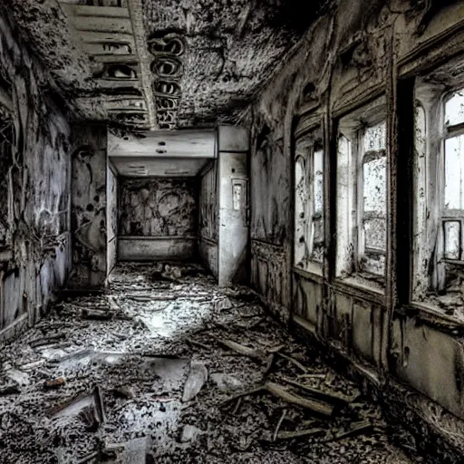 Image similar to abandoned hospital, horror photography by h. g. giger