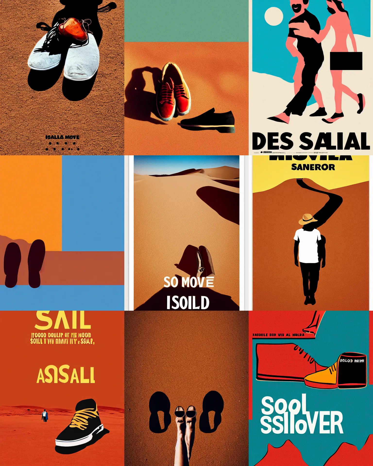 Prompt: minimal movie poster, solid colors, two shoes, isreali desert, salsa vendor