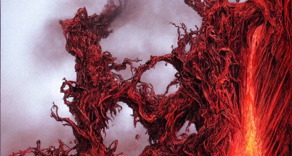 Prompt: a volcano made of ivory vines and crimson rocks enters in eruption, it spits a smoke in the shape of demonic eye, by Luis Royo,