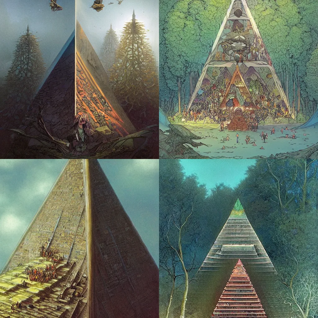 Prompt: a ultra beautiful gigant pyramid floating above a forest, there is a crowd of people observing by moebius, james jean, brian froud, ross tran