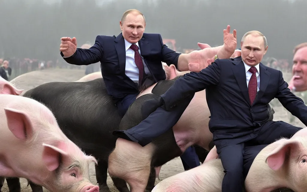 Image similar to vladimir putin riding on alexander lukashenka as pig