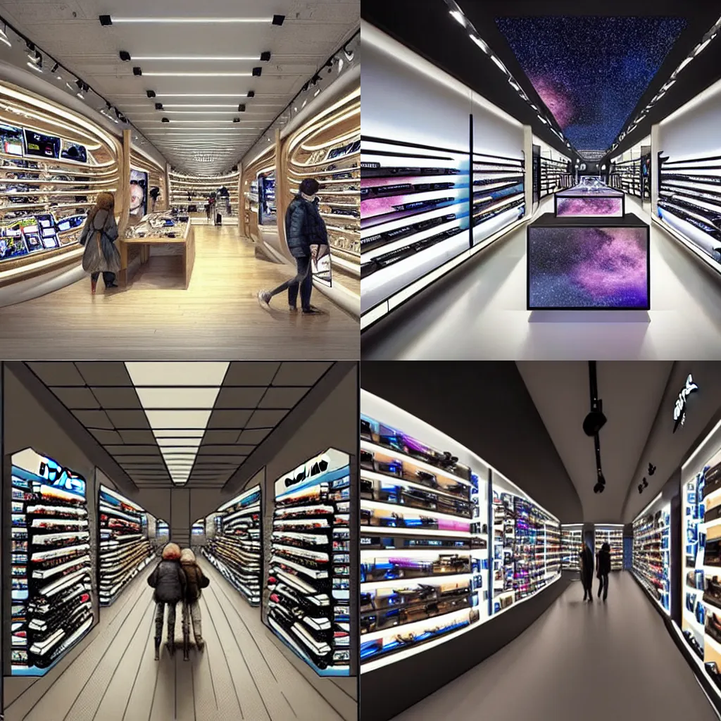 Prompt: -----2030s flagship retail interior Samsung Microsoft Apple----- by Jean-Baptiste Monge !!!!!!!!!!!!!!!!!!!!!!!!!!!