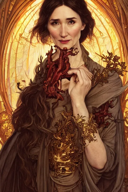 Image similar to carice van houten as a fire priest, anatomy, cute, fantasy, intricate, elegant, highly detailed, digital painting, 4 k, hdr, concept art, smooth, sharp focus, illustration, art by artgerm and h r giger and alphonse mucha