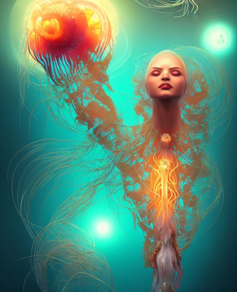 Image similar to goddess close-up portrait. orchid jellyfish phoenix head, nautilus, skull, betta fish, bioluminiscent creatures, intricate artwork by Tooth Wu and wlop and beeple. octane render, trending on artstation, greg rutkowski very coherent symmetrical artwork. cinematic, hyper realism, high detail, octane render, 8k