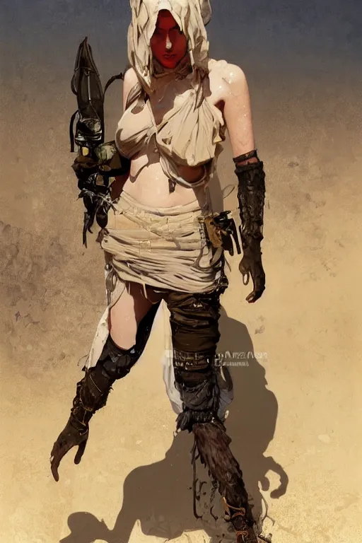 Prompt: a full body portrait of a beautiful post apocalyptic offworld inventors district bedouin blind pulp fiction scarlet wild rogue barbarian leper begging by the roadside, intricate, elegant, highly detailed, digital painting, artstation, concept art, smooth, sharp focus, illustration, art by krenz cushart and artem demura and alphonse mucha