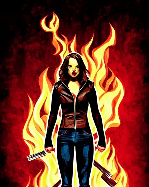 Prompt: Rafael Albuquerque comic cover art, Jennifer Lawrence with sharp vampire teeth, sarcastic smile, brown leather jacket, jeans, extra long hair, full body, building on fire, cool colors, detailed, 4k