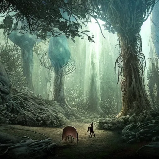 Image similar to the setting of c. s. lewis's out of the silent planet tall alien quadrupeds and tall mushroom trees sci - fi setting