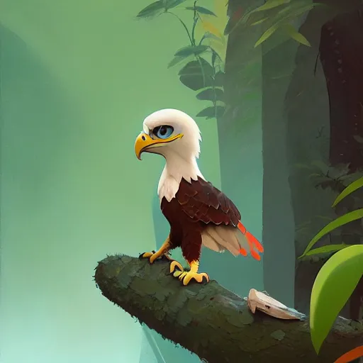 Image similar to goro fujita illustration a young little eagle in the jungle by goro fujita, painting by goro fujita, sharp focus, highly detailed, artstation