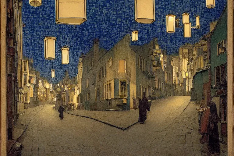 Image similar to winding street at midnight in a very old very beautiful city by ford madox brown and Nicholas Roerich and jean delville, glowing paper lanterns, strong dramatic cinematic lighting , ornate tiled architecture, lost civilizations, smooth, sharp focus, extremely detailed