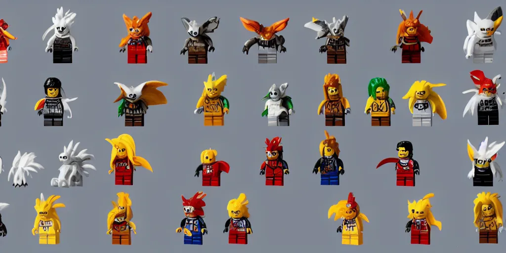 Image similar to small creatures called critters, made out of only 5 lego bricks. cute looking, kawaii, sharp focus, moebius, character sheet, game concept art, brush work