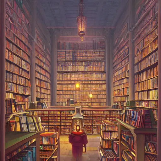 Prompt: detailed art on artstation, The sacred library by Simon Stålenhag and Thomas Kinkade, oil on canvas