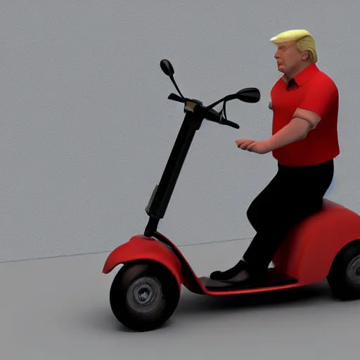 Prompt: donald trump driving a mobility scooter, 3 d render, octane, ray tracing, ultra high detail photorealistic, 8 k