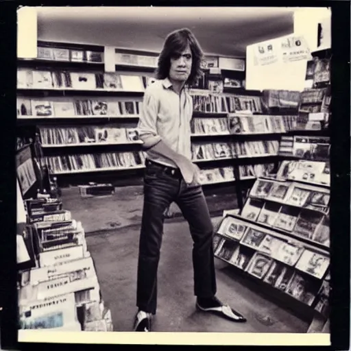 Prompt: mick jagger working in a record store in 1 9 6 9, polaroid photo, artistic, realistic, snapshot, gritty, portrait