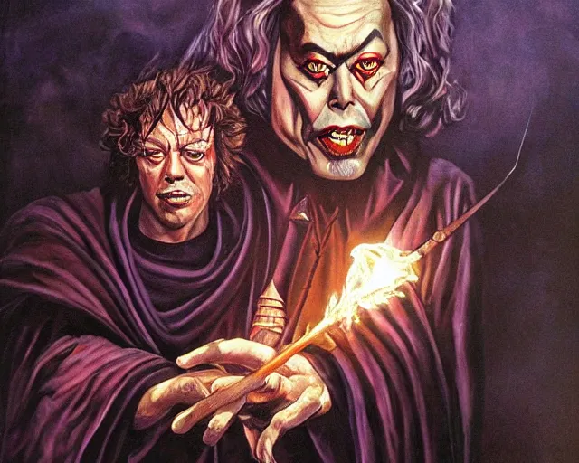 Image similar to tim curry as a dark magic wizard casting evil spells, fantasy art, d & d, extremely detailed, high quality, award - winning,