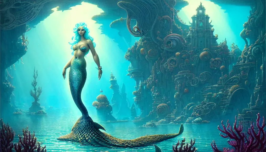 Image similar to a beautiful mermaid looking at the sunken city of Atlantis under water, rays of sunlight, stunning undersea intricate detailed grand architecture in the style of Joe Fenton, art style by Greg Rutkowski and Mohrbacher, graceful mermaid style by Tom Whalen, deep underwater scene, dark and moody, faint volumetric god rays, grim crushing atmosphere, trending on artstation, masterpiece, claustrophobic