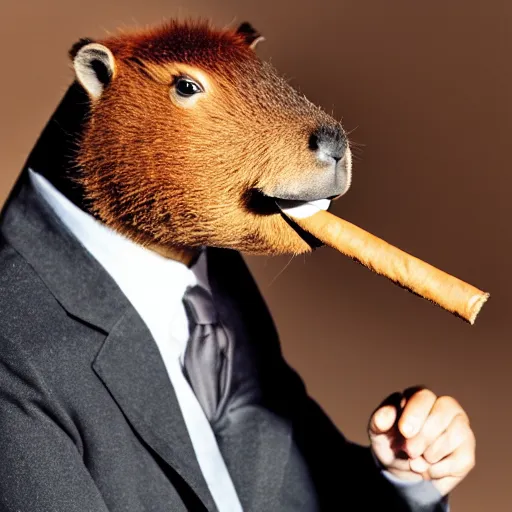Prompt: an antropomorphic capybara wearing a business suit and smoking a cigar in his mouth