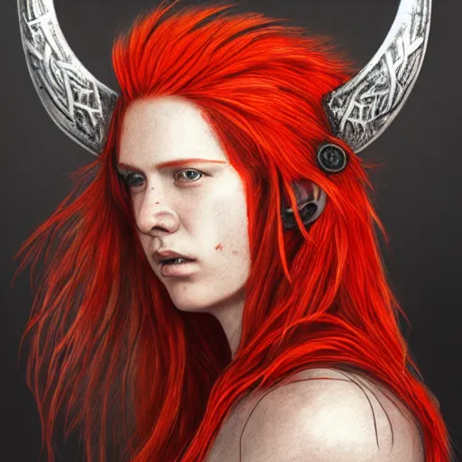 Prompt: of valhalla viking headgear with flaming red hair, fine detail, texture, extreme detailed drawing, trending on artstation, hyperreal
