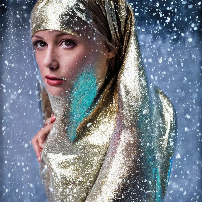 Image similar to closeup portrait of a woman wrapped in luminescent foil, standing in the snow, color photograph, by vincent desiderio, canon eos c 3 0 0, ƒ 1. 8, 3 5 mm, 8 k, medium - format print