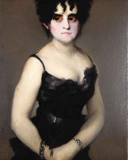 Image similar to A goth portrait painted by Francisco Goya. Her hair is dark brown and cut into a short, messy pixie cut. She has a slightly rounded face, with a pointed chin, large entirely-black eyes, and a small nose. She is wearing a black tank top, a black leather jacket, a black knee-length skirt, a black choker, and black leather boots.