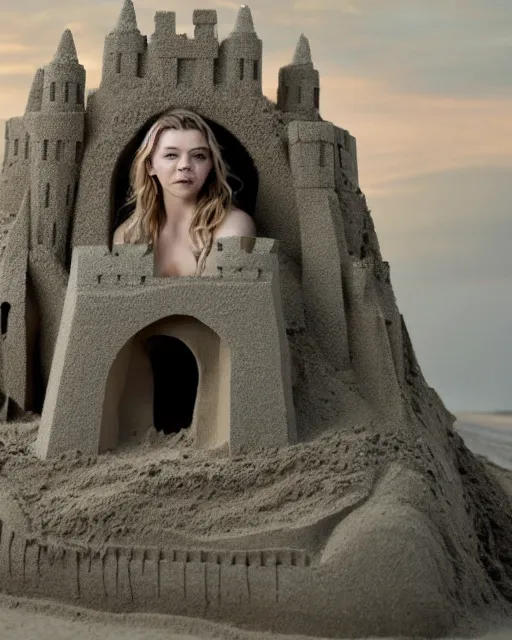 Image similar to a detailed sandcastle with the face of natalie dormer