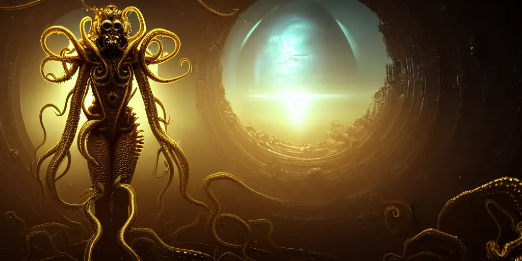 Prompt: a photo of 8k ultra realistic corrupted lovecraftian golden humanoid queen standing next to a spaceship window overlooking earth, 8 intricate white and gold tentacles, ornate white and gold armour, cinematic lighting, trending on artstation, 4k, hyperrealistic, focused, extreme details, unreal engine 5, cinematic, masterpiece