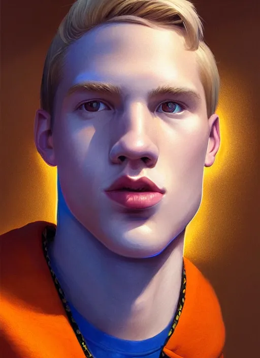 Image similar to portrait of high school senior boy named big moose, blonde short hair, jock, beefy, wide face, square jaw, square facial structure, blue varsity jacket with letter r, intricate, elegant, glowing lights, highly detailed, digital painting, artstation, concept art, sharp focus, illustration, art by wlop, mars ravelo and greg rutkowski