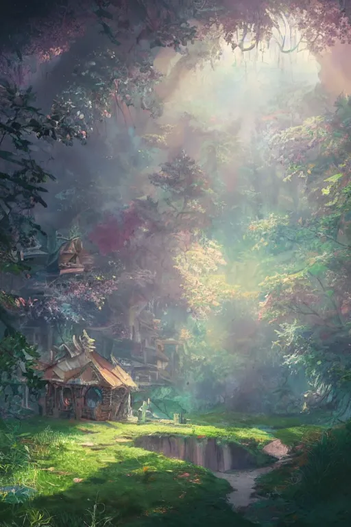 Image similar to a cheerful and whimsical ramshackle multistory hut in the woods, intricate, elegant, fantasy, highly detailed, digital painting, concept art, sharp focus, illustration, beautiful volumetric lighting, beams of light, epic light, artstation, magic hour lighting, colorful, sunshine, spring, art by Studio Ghibli