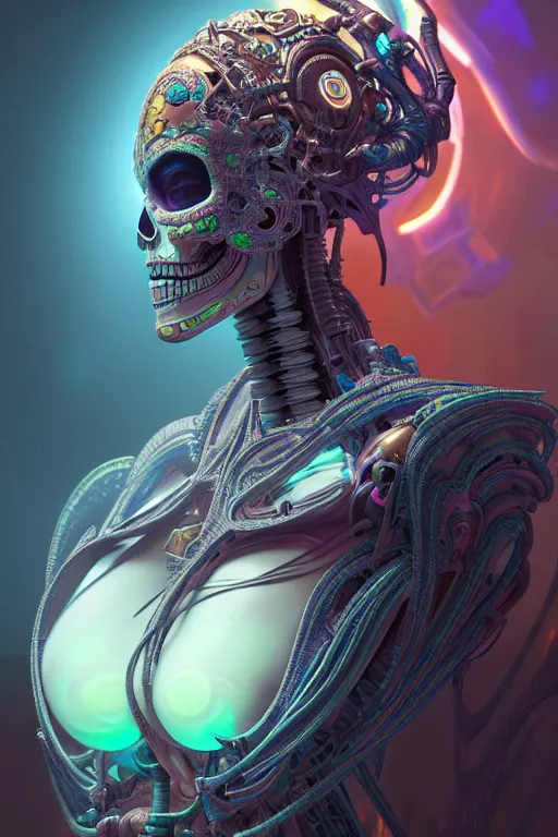 Prompt: ultra detailed Female Android deity, scifi, octane render, (dia de los muertos), asymmetrical, intricate concept art, triadic color scheme, art by artgerm and giger and DZO and greg rutkowski and alphonse mucha and WLOP