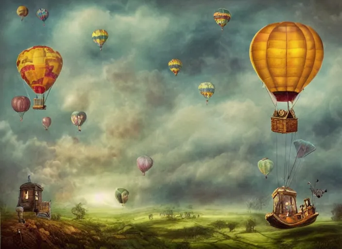 Image similar to single octopus shaped hot air balloon flying over english countryside, lowbrow, matte painting in the style of alexander jansson,